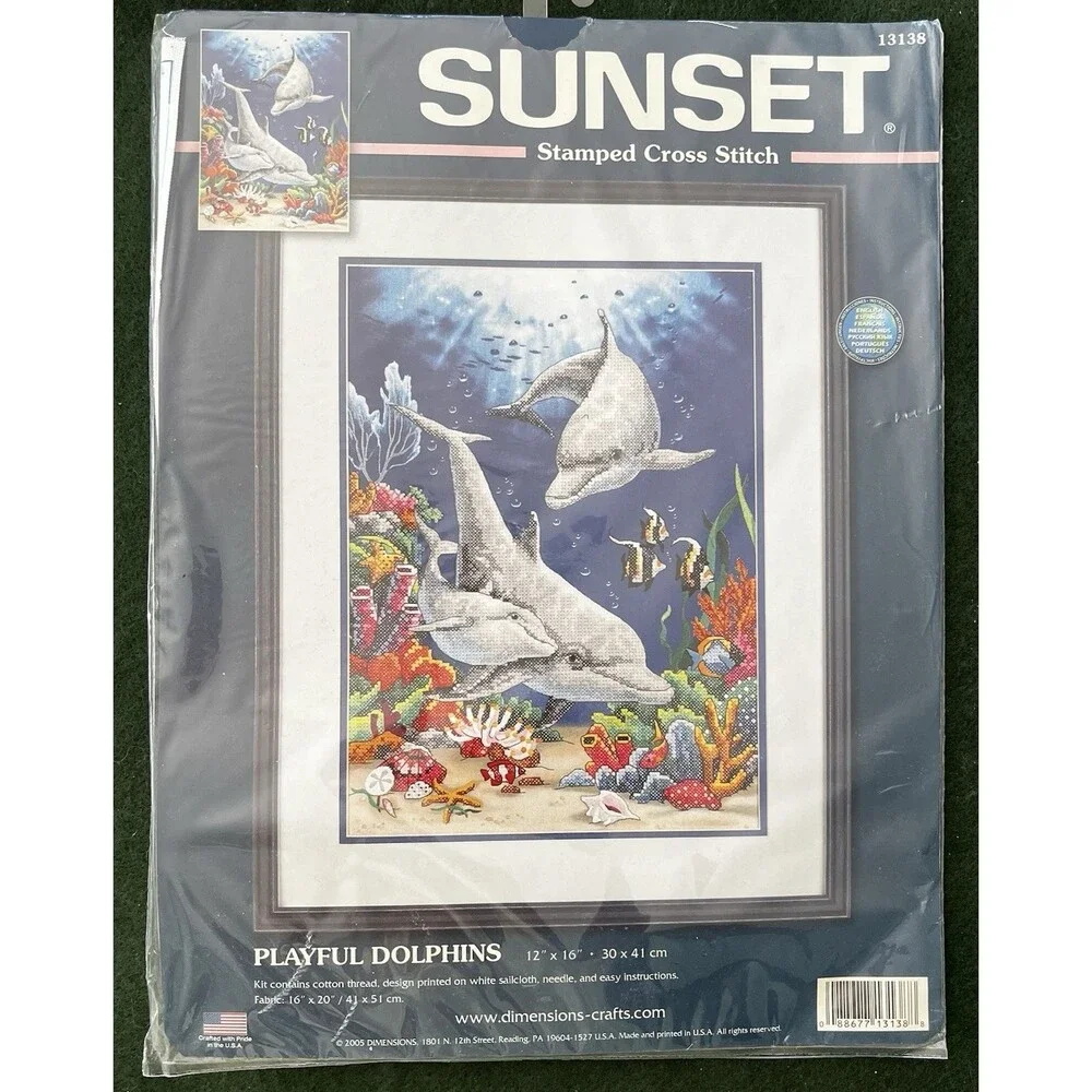 Sunset Playful Dolphins Stamped Cross Stitch Kit 13138 Dimensions 2005 Sealed